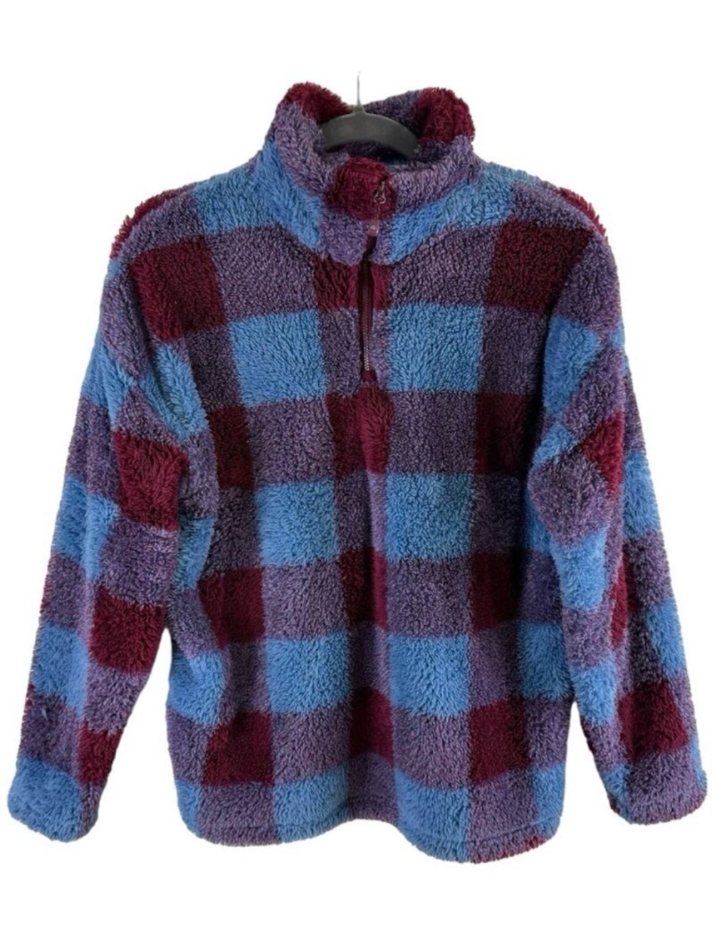 Eddie Bauer Plaid Blue Red Cozy Mock Neck 1/4 Zip Fleece Plush Pullover Size M
